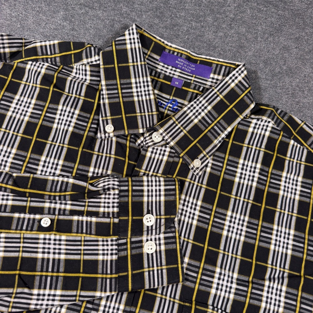 Alan Flusser Button Down Shirt Mens M Black Yellow Plaid Long Sleeve Cotton